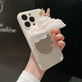 iphone17 16promax欧根纱花朵镜子支架13苹果14手机壳手提链皮质腕带适用15pro新款 手拎链条硅胶防摔保护壳软