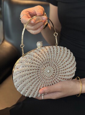 高级感珍珠包晚宴搭配小众包包女旗袍手包圆形名媛气质礼服手提包