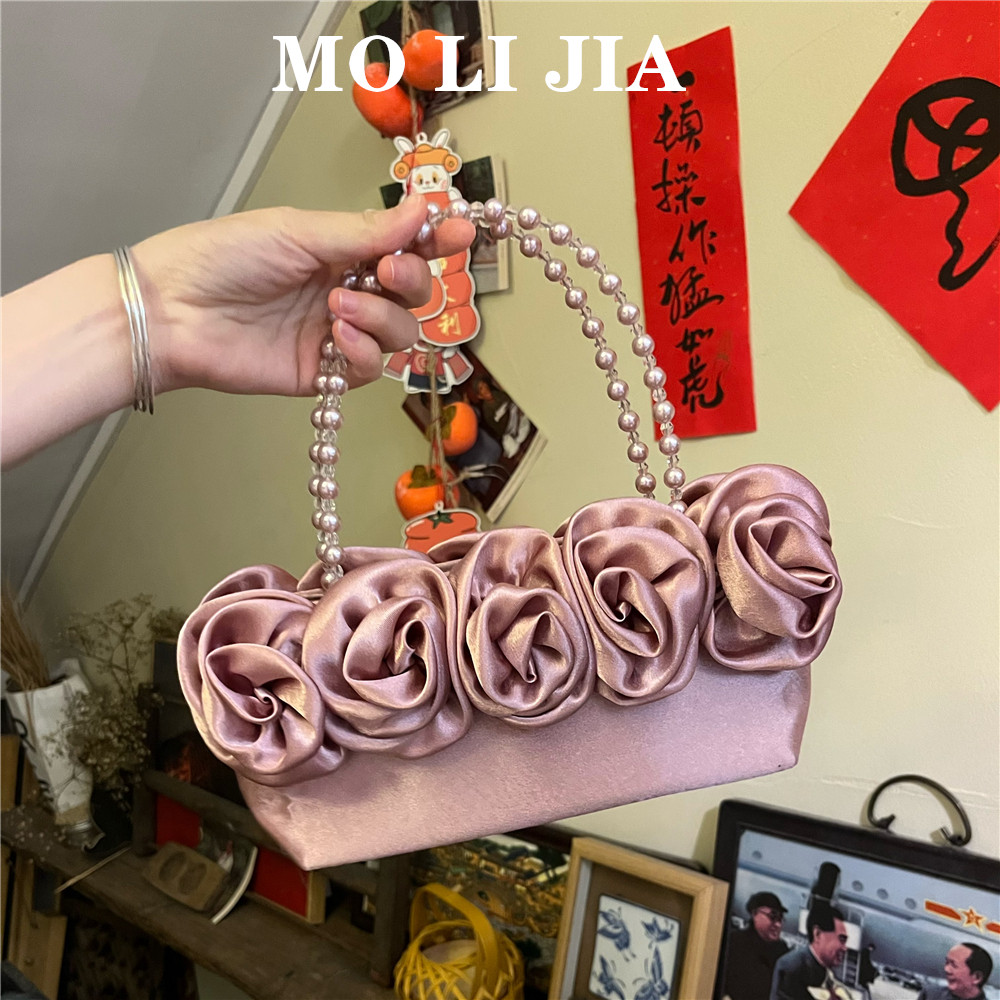 港风法式仙女复古名媛花朵丝绸菜玫瑰花托特包晚宴会水桶手拿包女