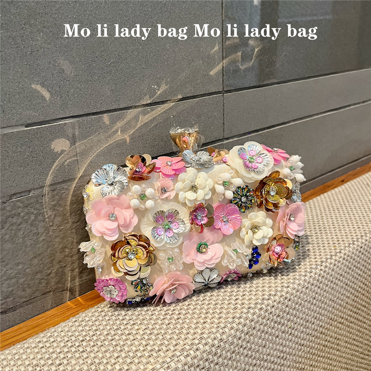 粉色立体花朵晚宴手提包