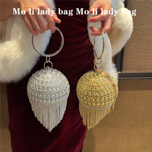 Moli走秀款球形包小玫瑰满钻礼服包包新款女小手提包金属质晚宴包