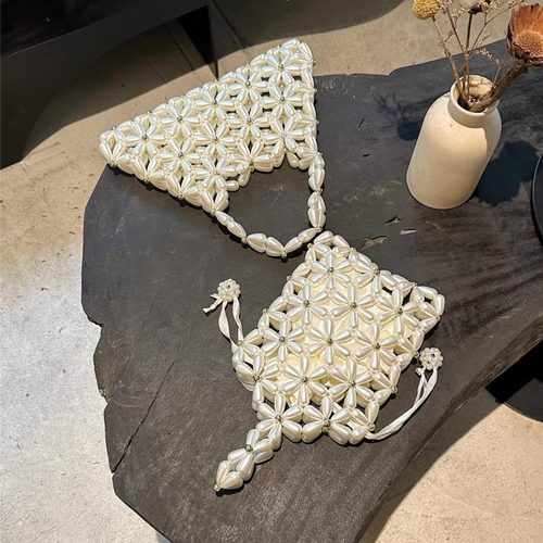 新中式手工编织包镂空串珠花朵手提包珍珠包宴会手拿包百搭单肩包