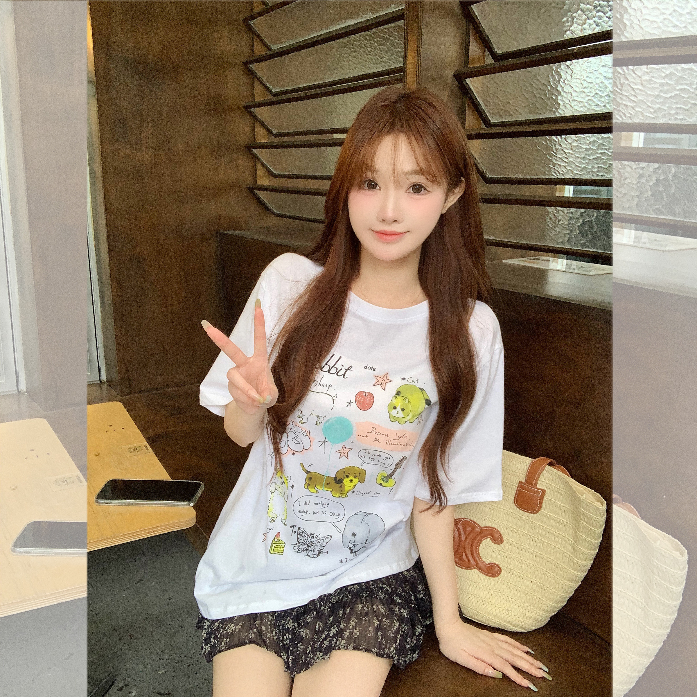 现货秒发钟菲菲冰爽雪花棉卡通印花宽松短袖女t恤2025新款夏上衣