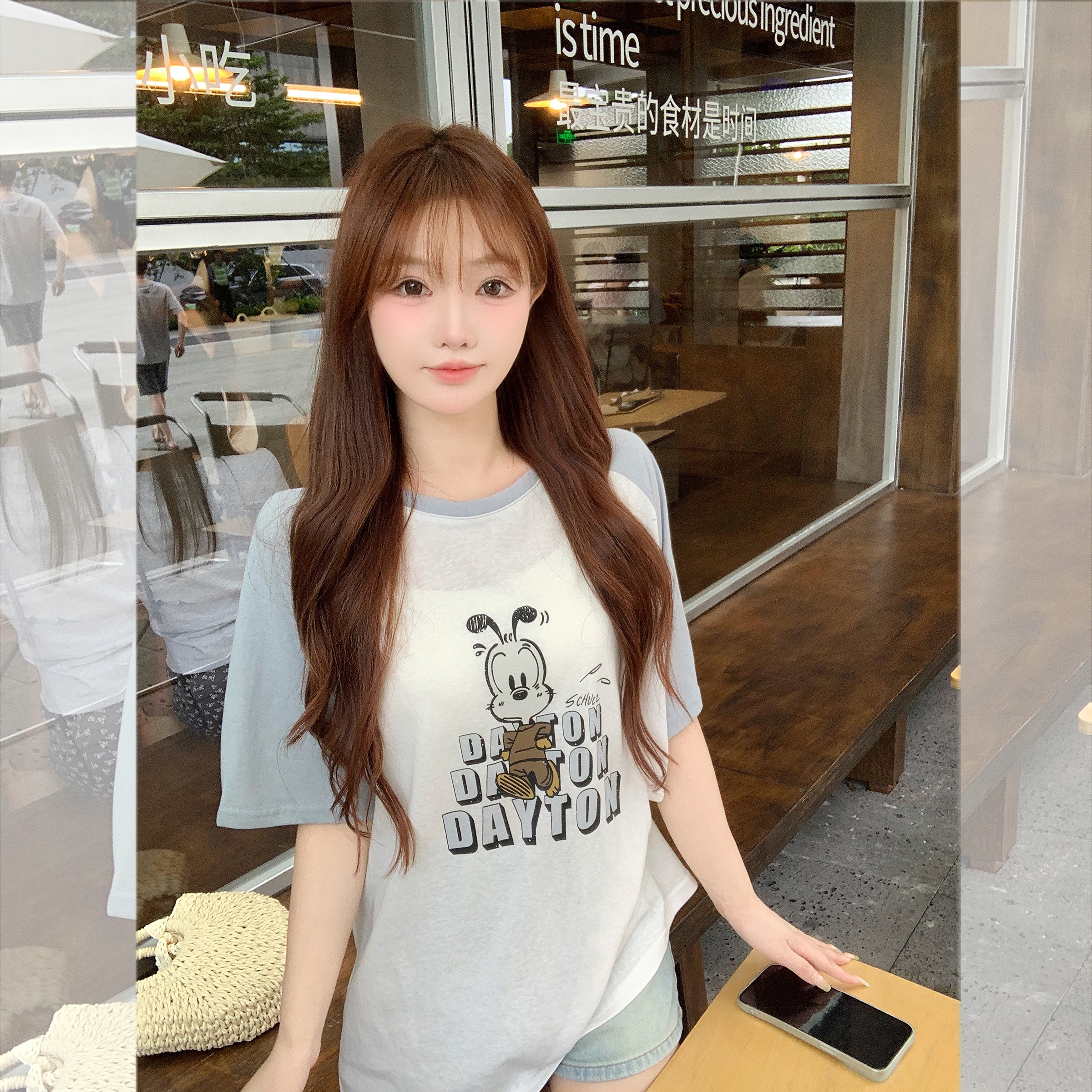现货钟菲菲冰爽雪花棉卡通印花夏休闲宽松短袖t恤女2025新款上衣