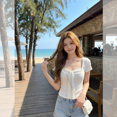 方领波点修身显瘦百搭T恤高级感