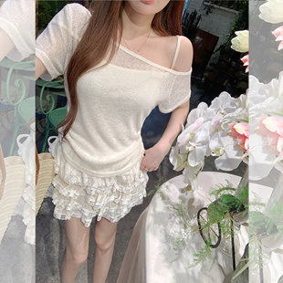现货闪发两件套吊带短袖 斜肩夏日独特漂亮上衣显瘦 女t恤2026新款