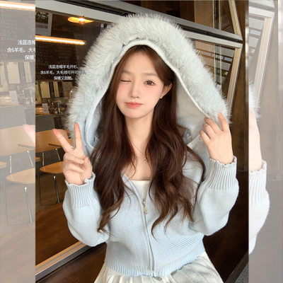 连帽毛领蓝色拉链针织开衫显瘦款