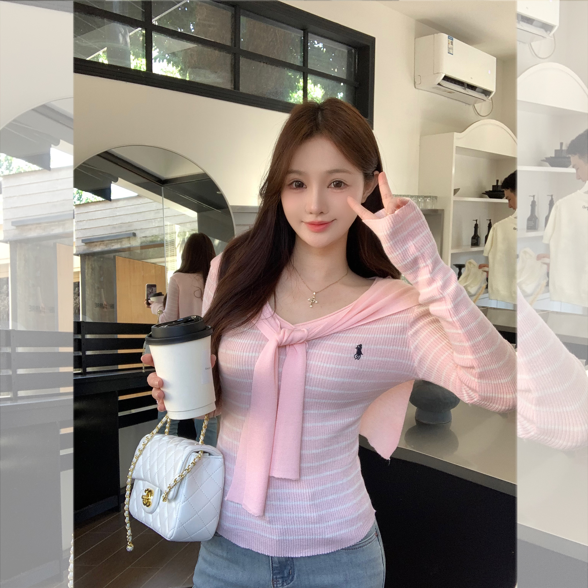 百搭长袖针织衫条纹披肩刺绣long