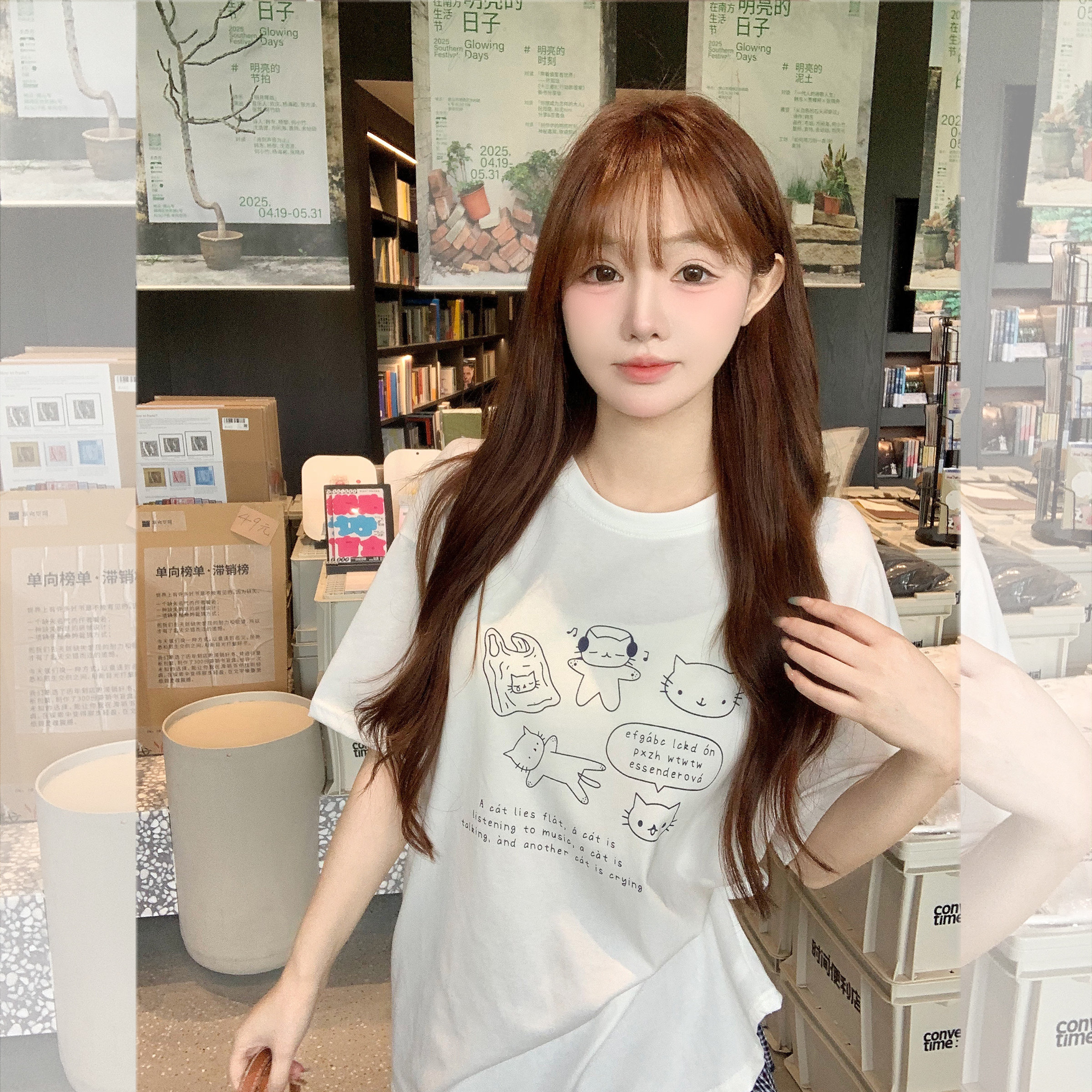 冰爽纯精梳棉猫咪短袖T恤女宽松