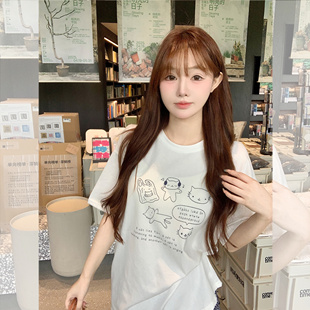 现货闪发钟菲菲冰爽精梳棉卡通猫咪印花宽松显瘦短袖 t恤女2026新