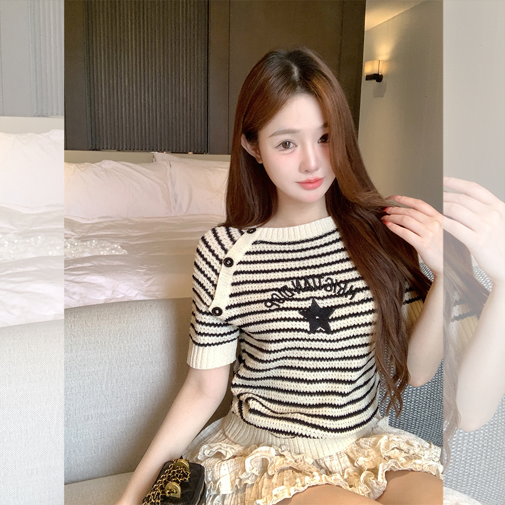 钟菲菲冰丝针织衫条纹短袖女款2025新款独特漂亮上衣气质超好看