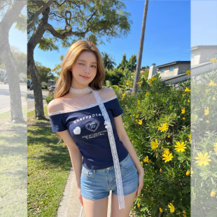 钟菲菲韩版一字肩短袖T恤女夏季字母印花修身显瘦上衣