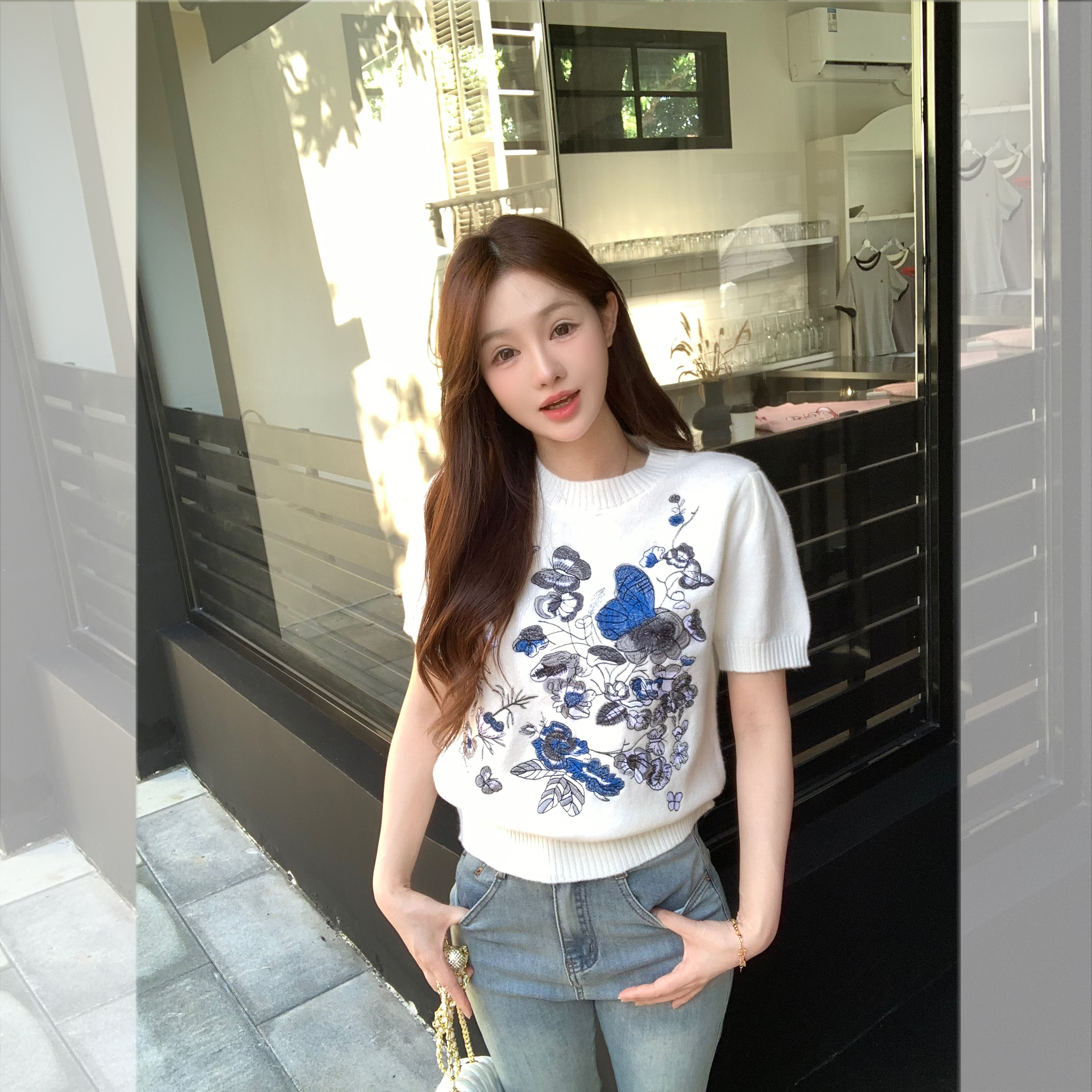 百搭长袖针织衫女羊毛刺绣蝴蝶花