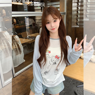 现货闪发钟菲菲冰爽雪花棉kitty猫咪宽松休闲防晒衫罩衫长袖t恤女