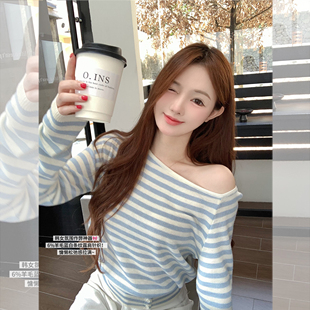 女宽松露肩羊毛 针织衫 钟菲菲韩系氛围感秋冬毛衣2025新款 条纹长袖