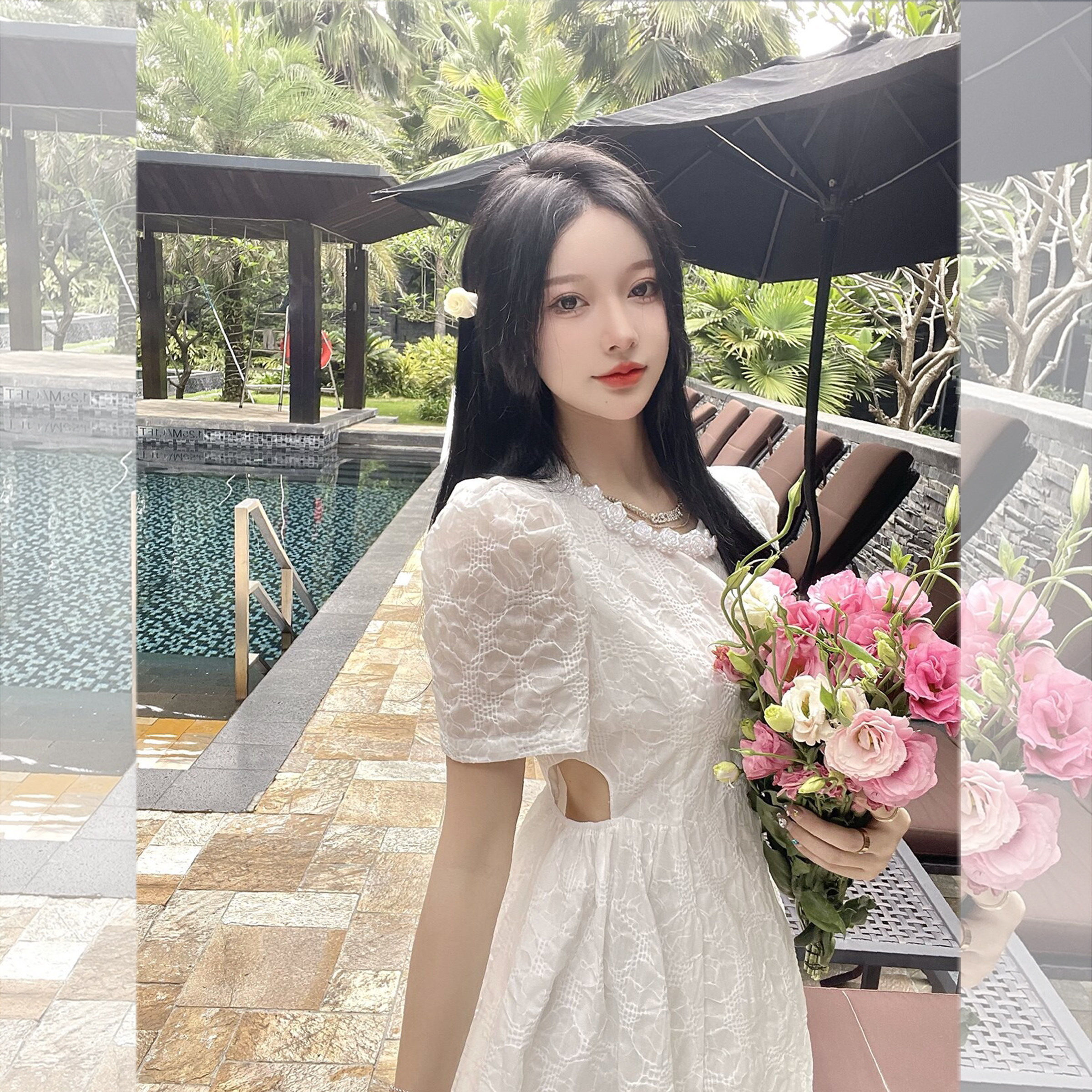 淑女公主裙聚酯纤维纯色镂空