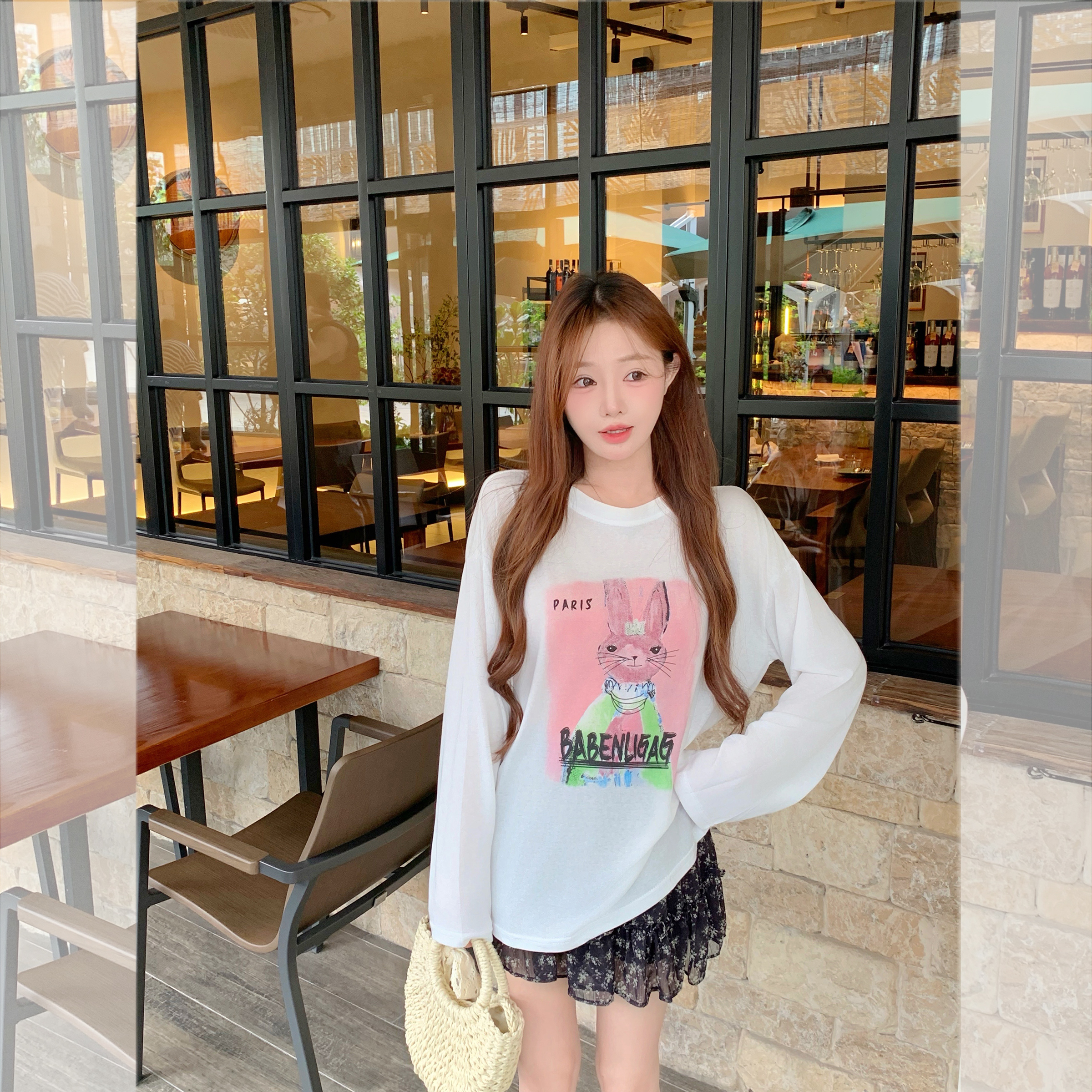 钟菲菲卡通印花长袖防晒罩衫宽松女t恤2025新款独特漂亮的上衣夏