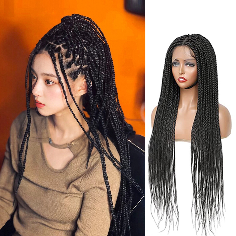 非洲脏辫美式长款三股辫全蕾丝假发头套 box braid hair wig
