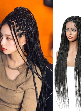 非洲脏辫美式长款三股辫全蕾丝假发头套 box braid hair wig