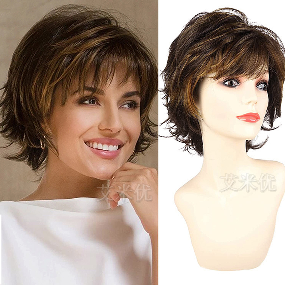 时尚短款假发棕色渐变自然蓬松斜刘海直发头套 short hair wigs