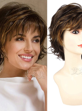 时尚短款假发棕色渐变自然蓬松斜刘海直发头套 short hair wigs