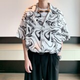 南亚风2025夏休闲短袖衬衫男冰丝花衬衣酒店内景6620P40控58，男装衬衫，电商A034