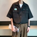 2025宽松半袖衬衣男纯色休闲短袖衬衫港风酒店内景6607P48控68，男装衬衫，电商A034