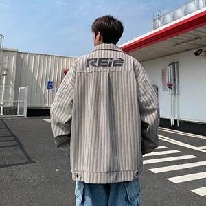 港风2025新款条纹宽松休闲夹克 印花外套潮男外景 6639 P78控118图片