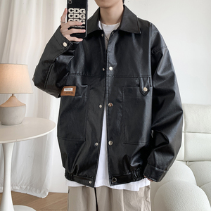 新款潮牌大码日系皮衣外套纯色男休闲机车服夹克 2861 P78控118图片