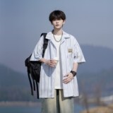 日系蓝色条纹短袖衬衫男夏季宽松休闲衬衣cleanfit小众设计感外套，男装衬衫，电商A034