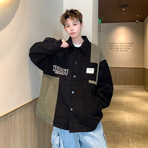 新款撞色拼接灯芯绒休闲夹克 潮男休闲外套港风外景 6629 P68控98图片