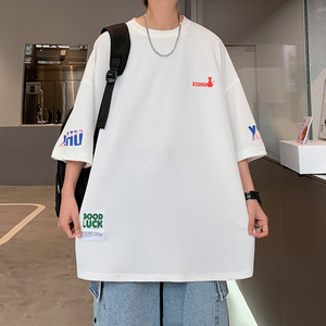 红色t恤男蜘蛛精穿搭胖子大码短袖美式oversize情侣冰丝七分半袖图片
