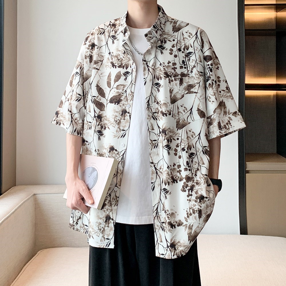 港风内景夏日新款短袖衬衫男装宽松花衬衣二开6621P40控58,男装衬衫,电商A034