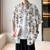 港风内景夏日新款短袖衬衫男装宽松花衬衣二开6621P40控58，男装衬衫，电商A034