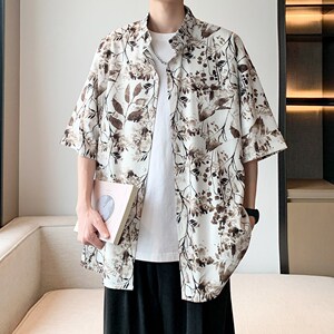 港风内景夏日新款短袖衬衫 男装宽松花衬衣二开 6621 P40控58图片