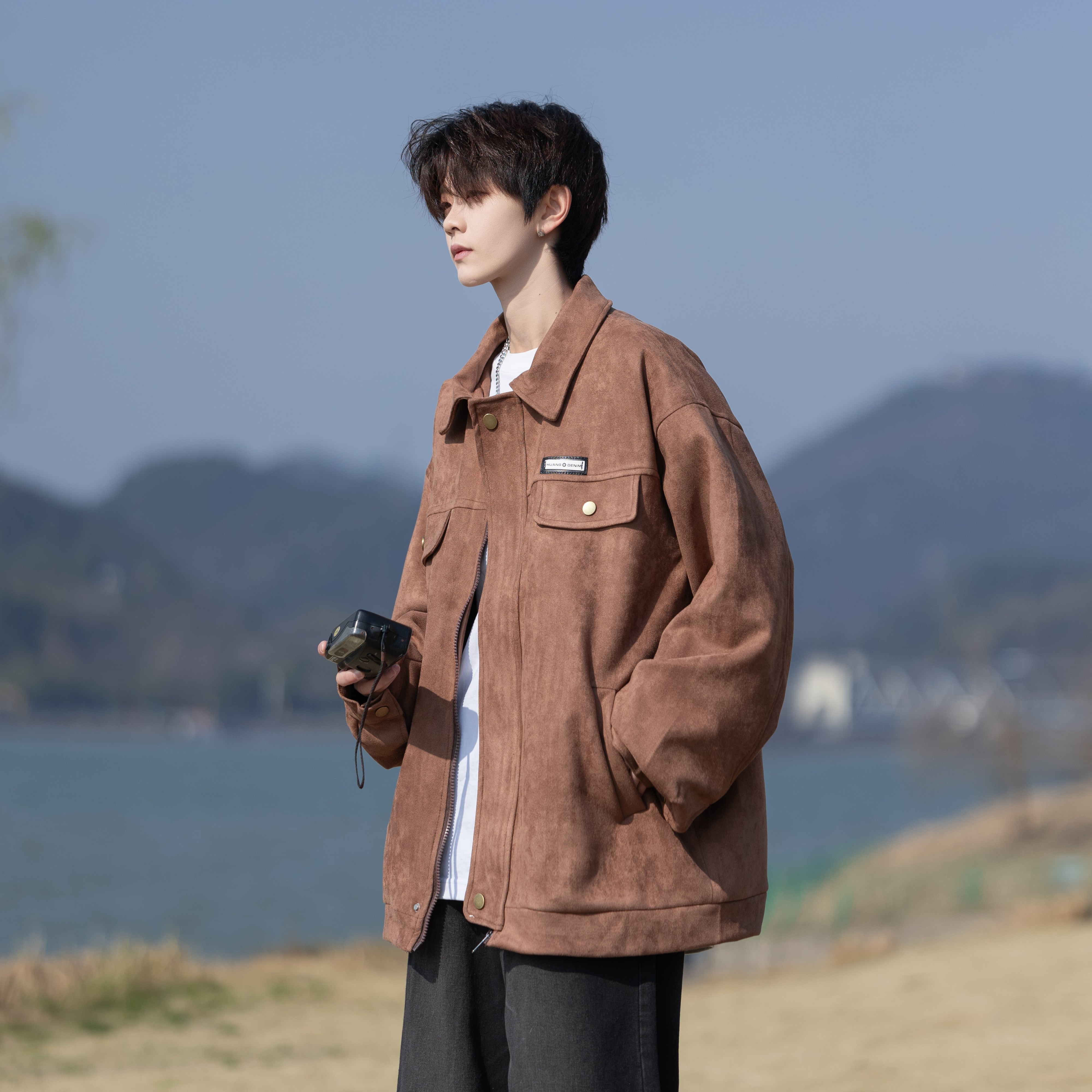 wassuphappy日系麂皮绒夹克男士春秋季潮牌复古工装翻领休闲外套,男装夹克,电商A034