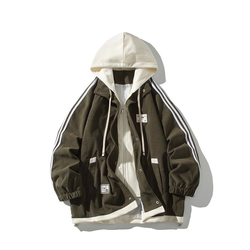 白底休闲连帽外套港风夹克日系复古痞帅男假两件6636P88控128，男装夹克，电商A034