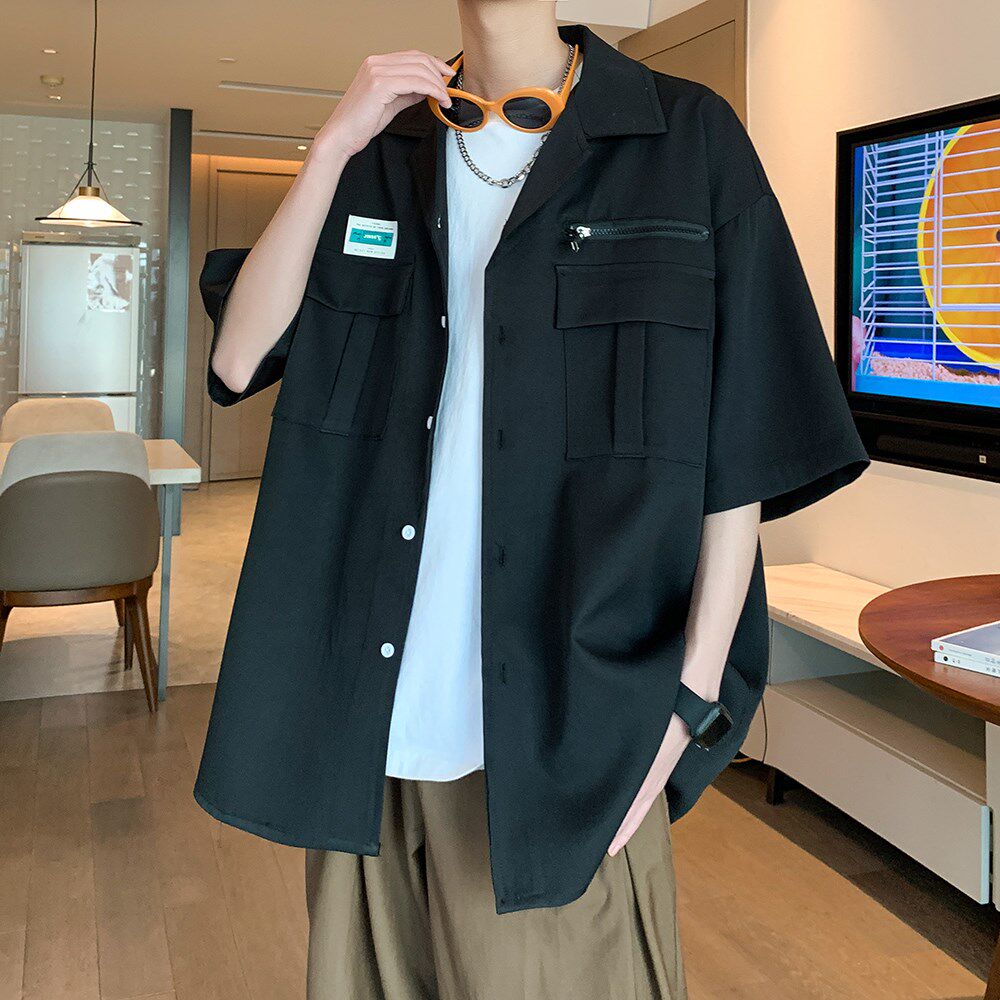 夏季宽松半袖衬衣潮男日系大码短袖衬衫港风内景6607P48控68,男装衬衫,电商A034