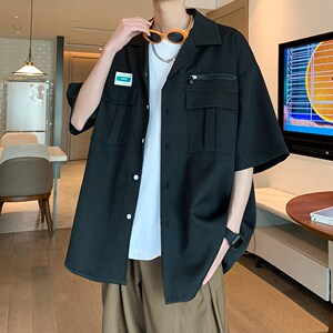 夏季宽松半袖衬衣 潮男日系大码短袖衬衫 港风内景 6607 P48控68图片