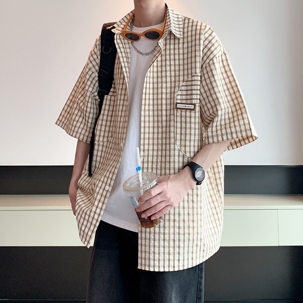 wassuphappy格子短袖衬衫男夏季潮牌宽松半袖衬衣服复古休闲外套,男装衬衫,电商A034