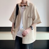 wassuphappy格子短袖衬衫男夏季潮牌宽松半袖衬衣服复古休闲外套，男装衬衫，电商A034