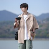 胖胖哥日系短袖衬衫男夏季设计感宽松大码衬衣潮牌少年感男生外套，男装衬衫，电商A034