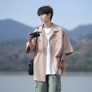 胖胖哥日系短袖衬衫男夏季设计感宽松大码衬衣潮牌少年感男生外套图片
