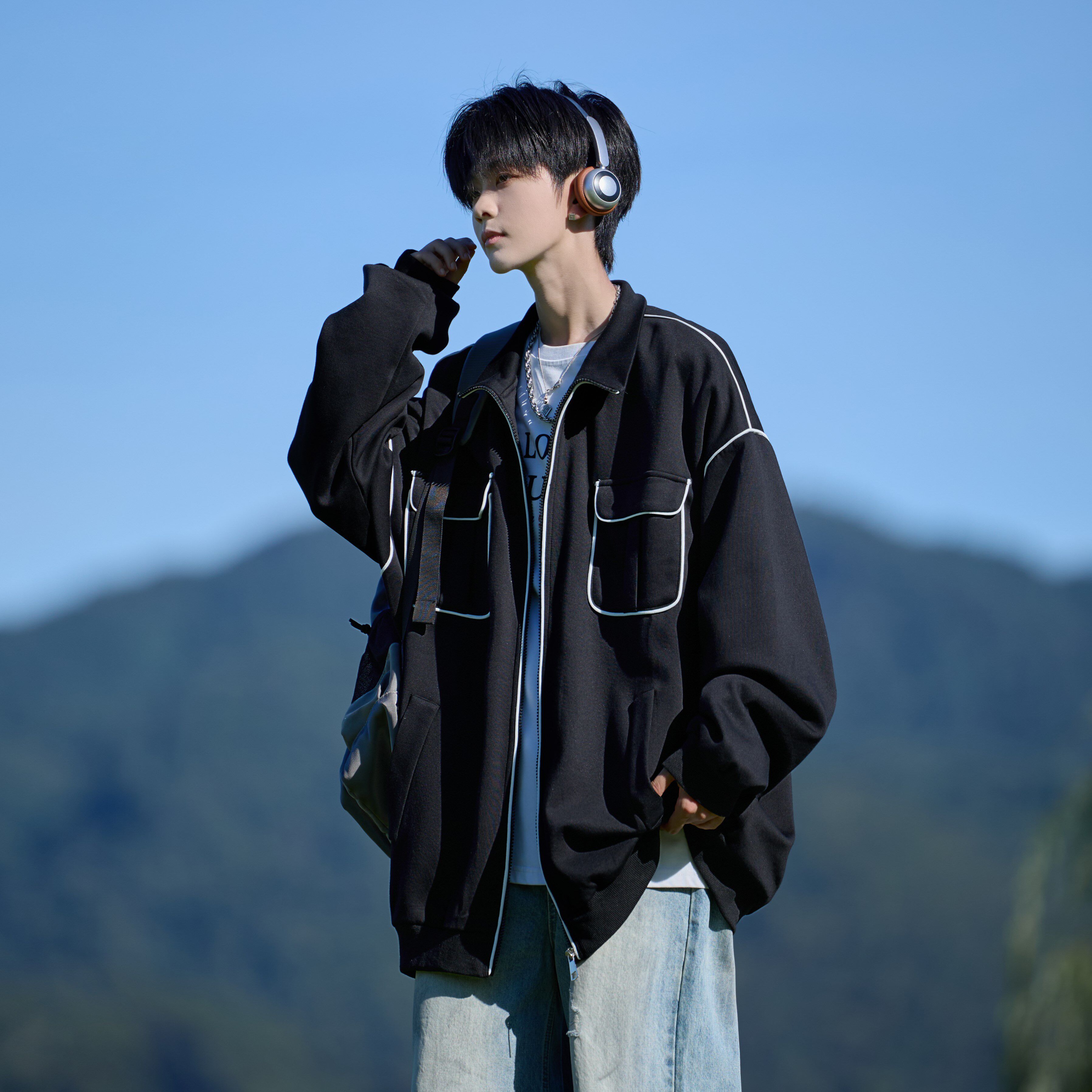 相机片男大码潮牌简约外套宽松开衫卫衣纯色可二开6653P68控98,女装短外套,电商A034