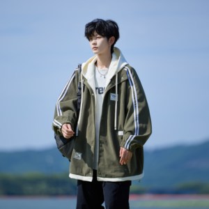 相机外景休闲连帽外套港风夹克简约男灯芯绒假两件 6636 P88控128，男装夹克，电商A034