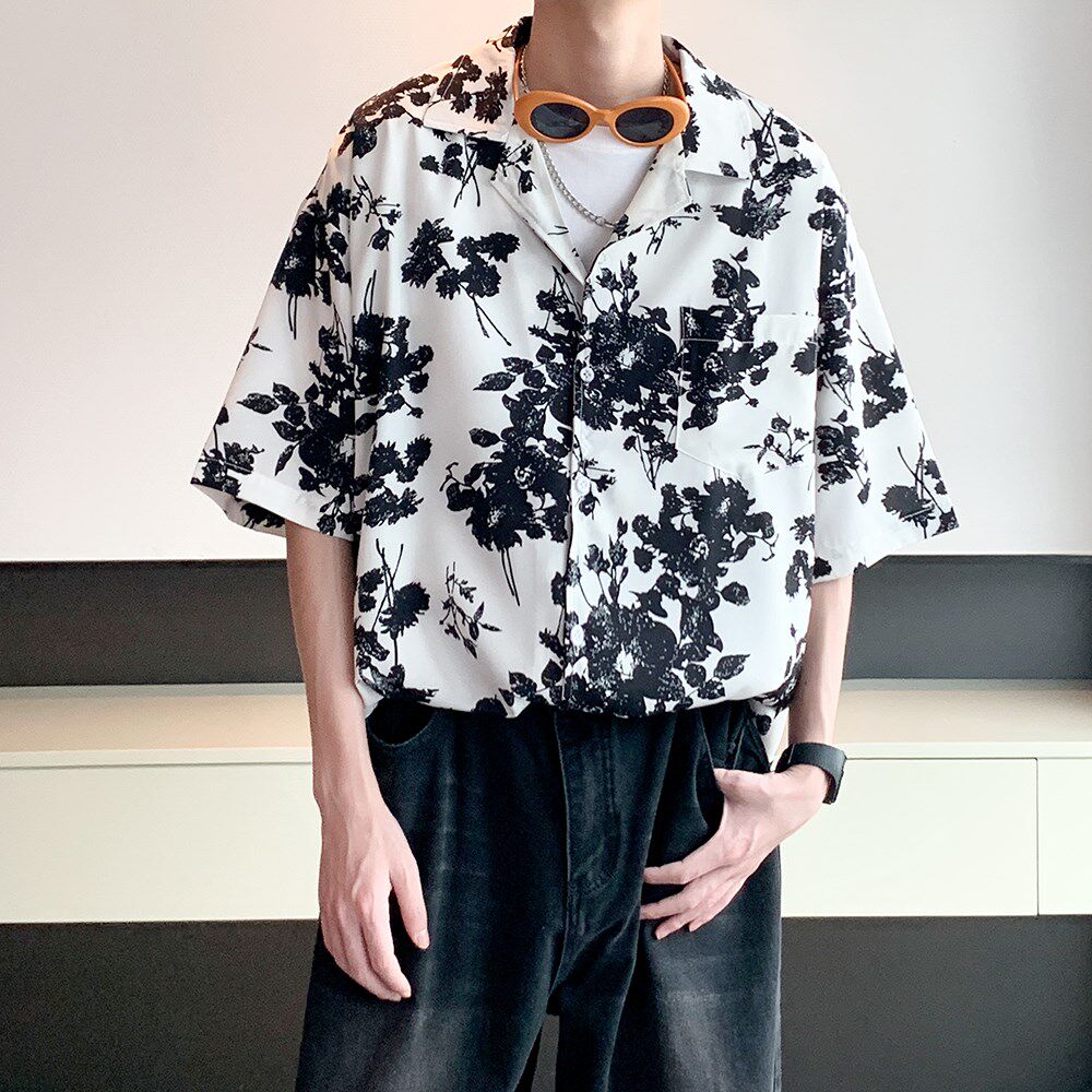 港风内景夏款南亚风夏短袖衬衫男宽松休闲碎花衬衣6617P40控58,男装衬衫,电商A034