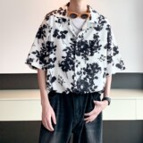港风内景夏款南亚风夏短袖衬衫男宽松休闲碎花衬衣6617P40控58，男装衬衫，电商A034
