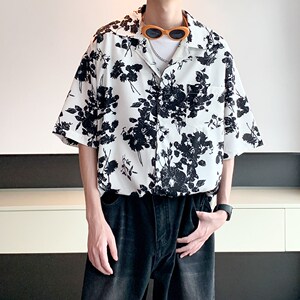 港风内景夏款南亚风夏短袖衬衫 男宽松休闲碎花衬衣 6617 P40控58图片