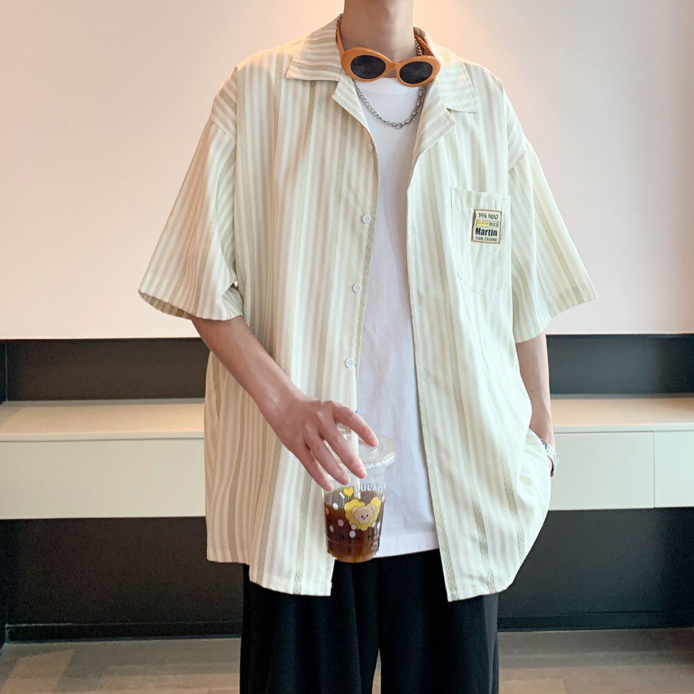 2025内景酒店风夏男士短袖衬衫条纹宽松衬衣6611P48控68,男装衬衫,电商A034