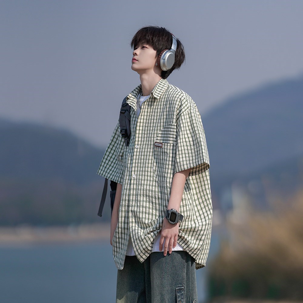 格子衬衫短袖男生夏季薄款叠穿情侣潮牌拼接宽松大码中袖衬衣外套,男装衬衫,电商A034